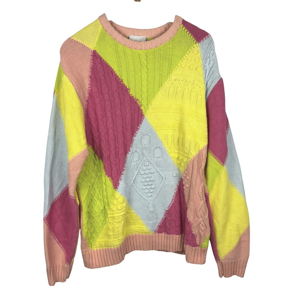 Teddy Fresh Women Pastel Patchwork Cable Knit Sweater XL Argyle Colorblock 90's